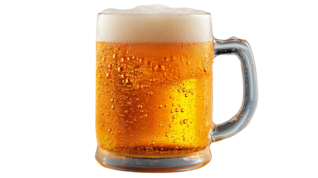 Refreshing golden beer mug filled with carbonated beverage and thick white foam - Powered by Adobe