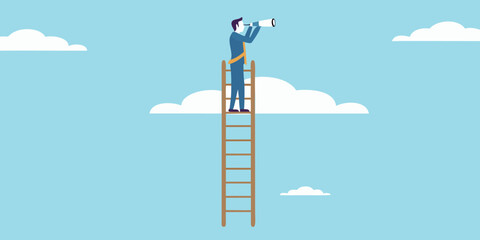 Man shouting through a megaphone while standing on a tall ladder in the clouds