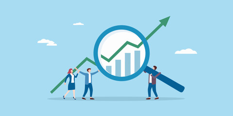 Analyzing growth trends people examining a rising graph with a magnifying glass