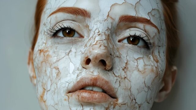 Human face portrayed with intricate cracks and textures highlighting artistic expression in a minimalist setting, creating a striking contrast between beauty and imperfection