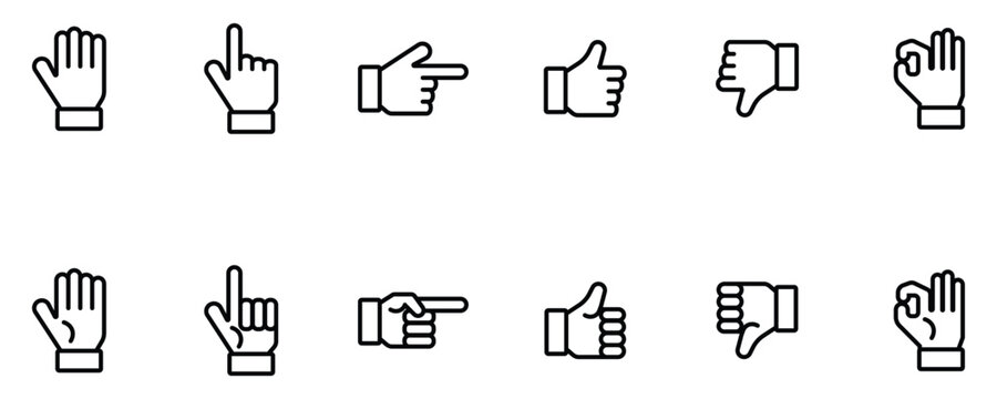 Hand and Finger Gesture Icon Set &ndash; Editable Stroke Outline Vector