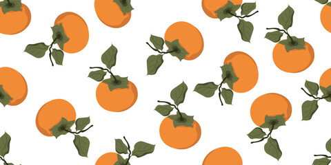 Persimmon vector Seamless Pattern isolated white. Retro color fruit Seamless background with realistic Persimmon. Perfect textile wallpaper print. EPS 10