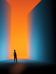 Dynamic composition. Man before glowing passage framed by tall walls in minimal space. Concept of...