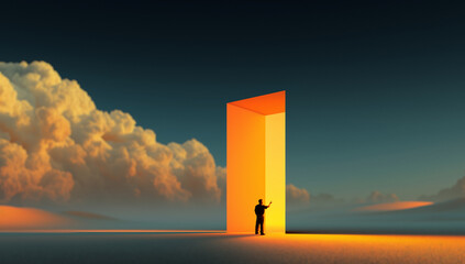 Digital artwork. Man facing glowing orange portal in wide landscape with clouds. Concept of...
