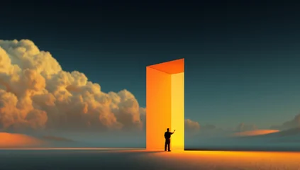 Fotobehang Muziek Digital artwork. Man facing glowing orange portal in wide landscape with clouds. Concept of branding identity, AI-driven creativity, strategic decision-making, educational themes, future design visual  © Lustre Art Group 