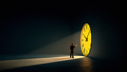 Trendy poster. Man observing giant yellow clock in dark minimal hall. Concept of time management,...