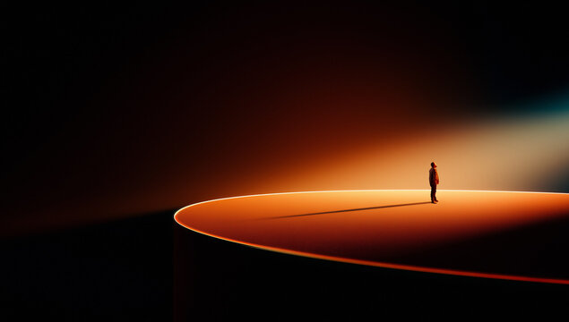 Modern composition. Man on circular glowing stage in warm minimal scene. Concept of leadership, future digital design, finance strategy metaphors, AI creativity, immersive editorial storytelling.