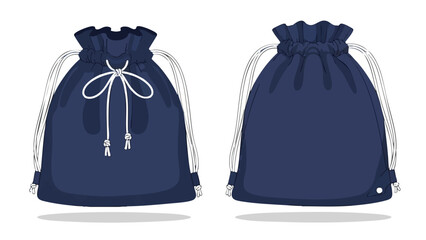 Navy drawstring bag vector mockup template for school supplies or casual storage featuring a simple design and minimalist aesthetic