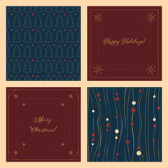 Set of vintage Christmas patterns with elegant golden lines. Designed in deep blue and burgundy palettes with gold line-art details, stripes and ornate. Holiday cards.