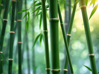 Obraz premium Close-Up of Fresh Green Bamboo Stems and Leaves