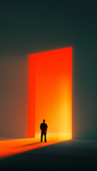 Bold composition. Man facing giant glowing red portal in moody minimal hall. Concept of digital...