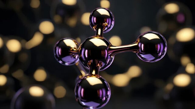 Golden and purple molecular structure on dark background, collagen peptides and hyaluronic acid concept, cosmetic biotechnology, skincare serum innovation, amino acids complex in cosmetology research