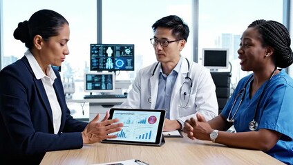 Diverse Medical Team Discussing Healthcare Data on Tablet in Modern Office Meeting Room - Powered by Adobe