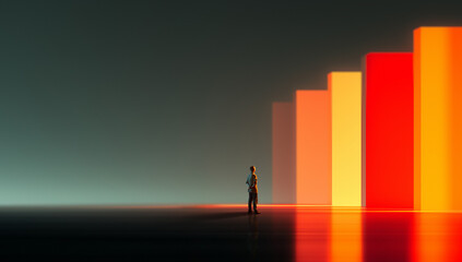 Modern composition. Man observing glowing vertical bars in minimal scene. Concept of futuristic interface spaces, ambient visuals, next generation display surfaces and backgrounds