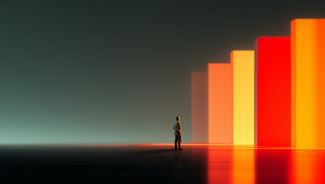 Modern composition. Man observing glowing vertical bars in minimal scene. Concept of futuristic interface spaces, ambient visuals, next generation display surfaces and backgrounds