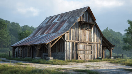 Obraz premium Rustic wooden barn in rural countryside
