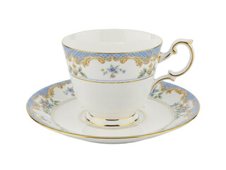 Isolated teacup and saucer featuring an elegant floral design and golden trim; afternoon tea