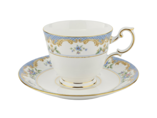 Isolated teacup and saucer featuring an elegant floral design and golden trim; afternoon tea
