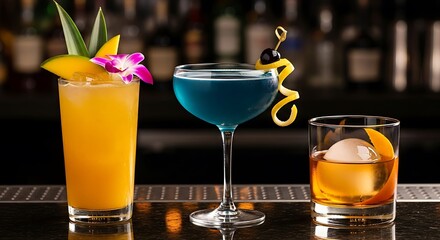 Three vibrant cocktails, a tropical orange drink, a blue martini, and an old fashioned, on a bar counter.