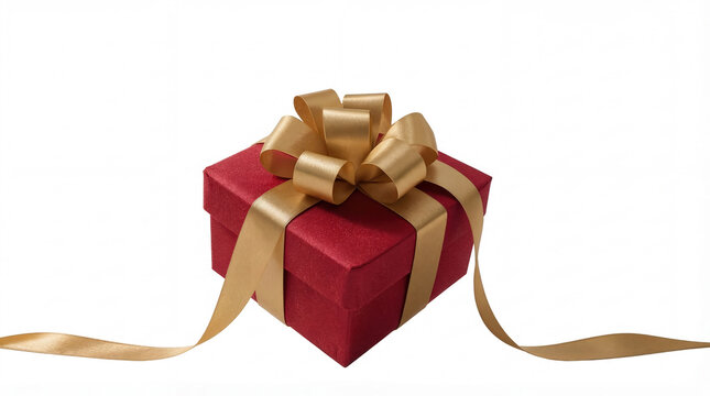 Scatola regalo rossa con fiocco dorato su sfondo bianco. Generative AI