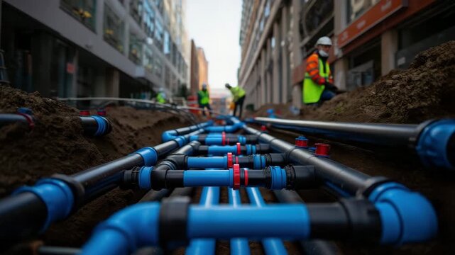 Underground piping system installation by construction workers in urban area, blue pipes in trench, infrastructure development, civil engineering project, city utility maintenance, safety measures