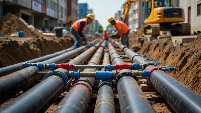 Underground pipeline construction in urban area, workers installing water and gas pipes, civil engineering project with heavy machinery, infrastructure development and utility system maintenance
