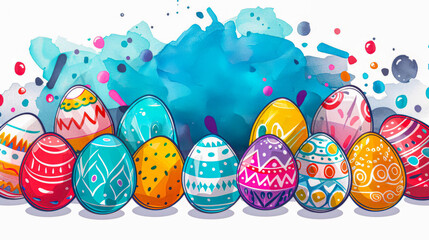 Colorful vector Easter eggs in a row with abstract patterns and geometric splash background