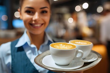 Modern café interior featuring a woman with coffee cups, symbolizing comfort, freshness, and welcoming café service.