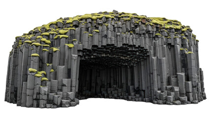Isolated hexagon basalt columns, volcanic rock formation with green moss, natural wonder © Carmen