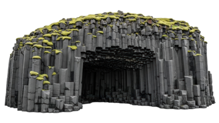 Isolated hexagon basalt columns, volcanic rock formation with green moss, natural wonder