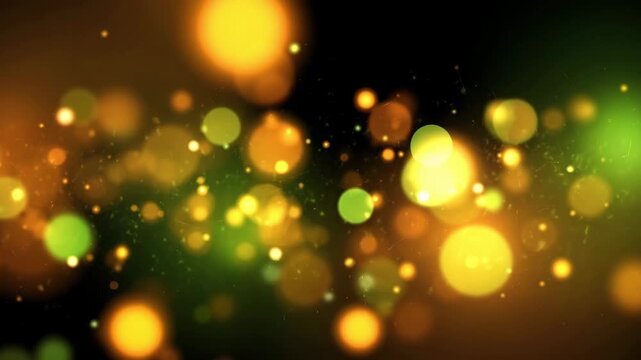 Glowing bokeh orbs drift across a velvety dark background, warm amber and emerald tones mingle with soft light trails, tiny specks glitter, creating a dreamy abstract ambience and sparkles