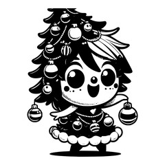a mischievous Christmas tree woman adorned with playful ornaments vector image illustration
