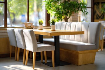 Cozy Scandinavian cafe interior featuring a wooden table and plush seating, adorned with greenery, creating a warm hygge atmosphere for relaxation and social gatherings