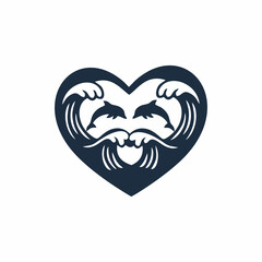 Heart Logo Design of Ocean Waves and two dolphins, Icon of Love of Nature and Sea