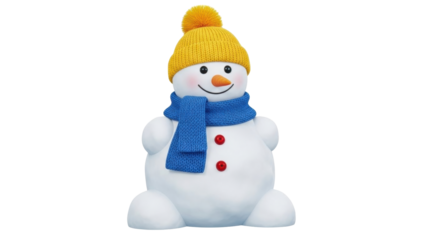 Isolated Frosty Snowman sculpture with yellow hat, blue scarf, and carrot nose, cheerful winter icon