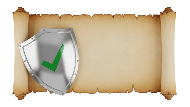 Isolated scroll of parchment with a check mark on a shield, ancient document mockup