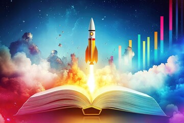 Naklejka premium of rockets glowing as they launch from the pages of an open book set against a vibrant sky with colorful clouds and an upward trending graph symbolizing innovation education growth.