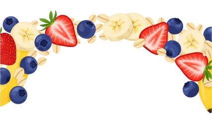 Top down illustration of fresh berries, bananas, and oats creating a vibrant border on white © Stock Image Paradise