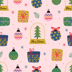 Seamless Pattern with Christmas Ornaments and Presents