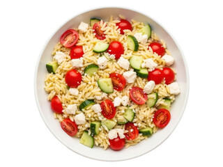 Isolated Bowl of Orzo Salad with Tomatoes, Cucumber, and Feta Cheese for a Fresh Meal