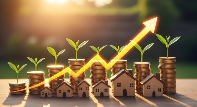 Financial success with stacked gold coins, an arrow of increasing wealth, and model houses. Investment, real estate, and financial growth concept. Small green plants growing on top of coin