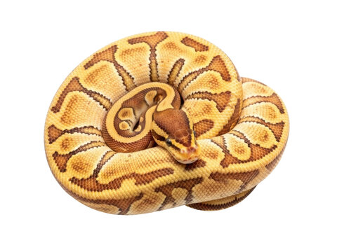 Isolated ball python coiled up, looking peaceful, pet reptile, captive snake, yellow skin