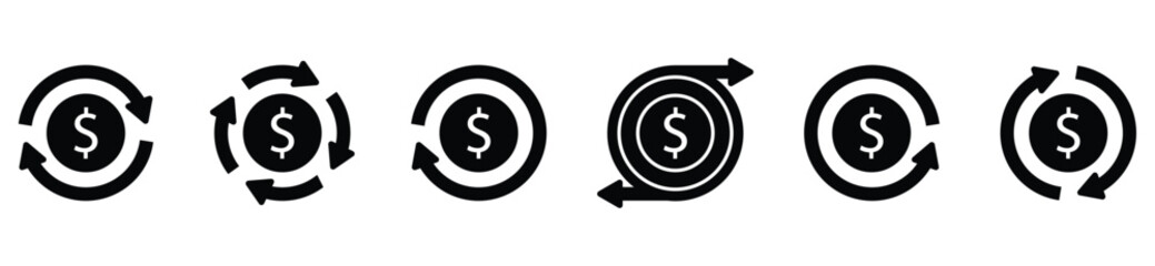 Return money and cashback icon collection featuring rebate, refund, ROI, savings accounts, and exchange symbols, ideal for purchase rewards and digital payment systems.