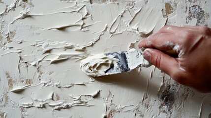 white textured background of filler paste applied with putty knife in irregular dashes and strokes