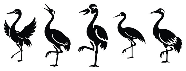 Fototapeta premium cheerful crane silhouette icon set. Animals icons collection. Animal silhouette icons. Isolated on White background