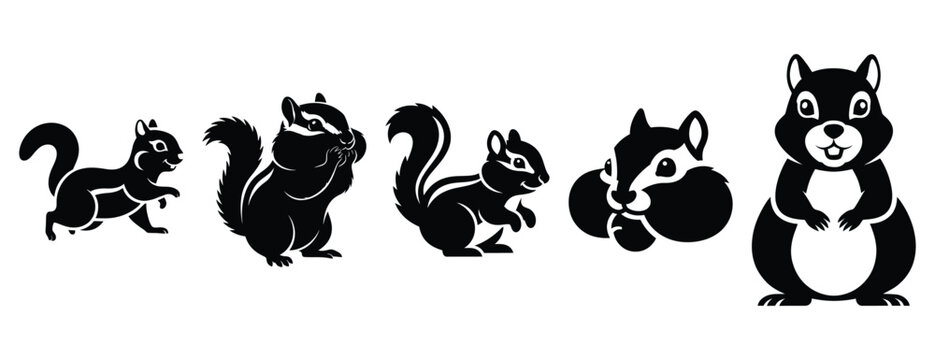 cheery chipmunk silhouette icon set. Animals icons collection. Animal silhouette icons. Isolated on White background