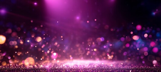 Colorful stage light bokeh in magenta, purple, and gold, energetic nightclub New Year party vibe, premium glossy highlights, festive celebration, dynamic party atmosphere