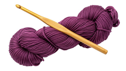 Isolated yarn skein with wooden crochet hook for fiber arts crafting projects accessory