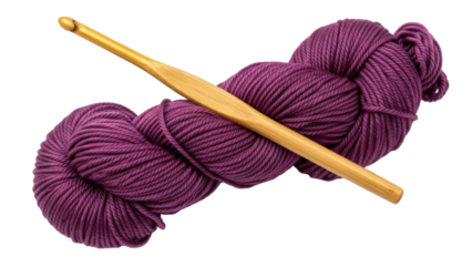 Isolated yarn skein with wooden crochet hook for fiber arts crafting projects accessory