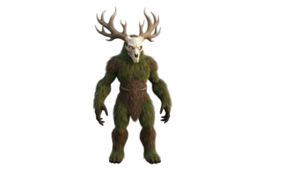 Isolated monster figure of fur-covered anthropomorphic creature wearing animal skull and antlers